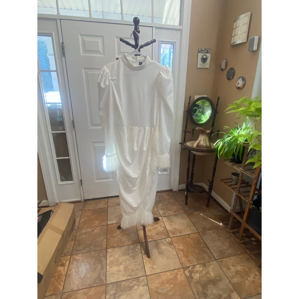 Women's SHEIN White Dress with Feather Trim XL